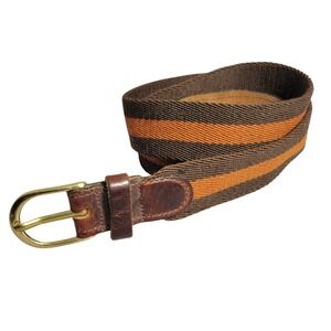 Mens Brown Orange Striped Wool Leather Surcingle Belt‎ Solid Brass Buckle 34 EUC